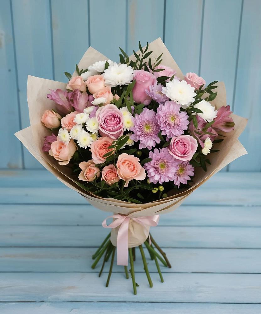 Букет цветов из: Хризантемы, Розы и Альстромерии в Бабаево