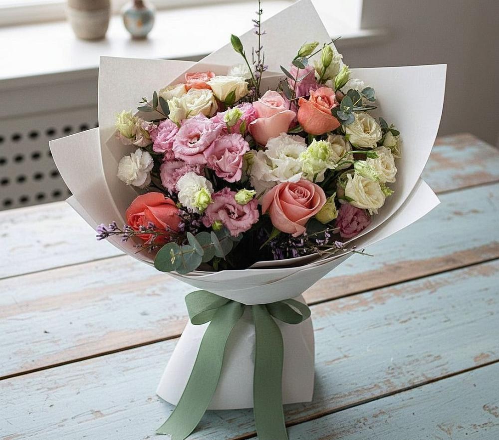 Букет цветов из: Розы, Лизиантусы и Гвоздики в Бабаево