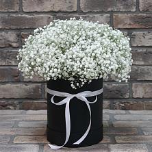 Цветочная композиция из Гипсофила в шляпной коробке в Бабаево