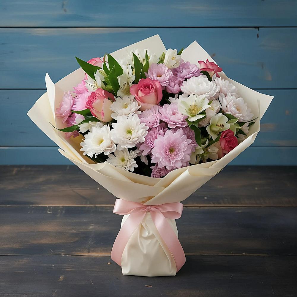 Букет цветов из: Хризантемы, Альстромерии и Розы в Бабаево